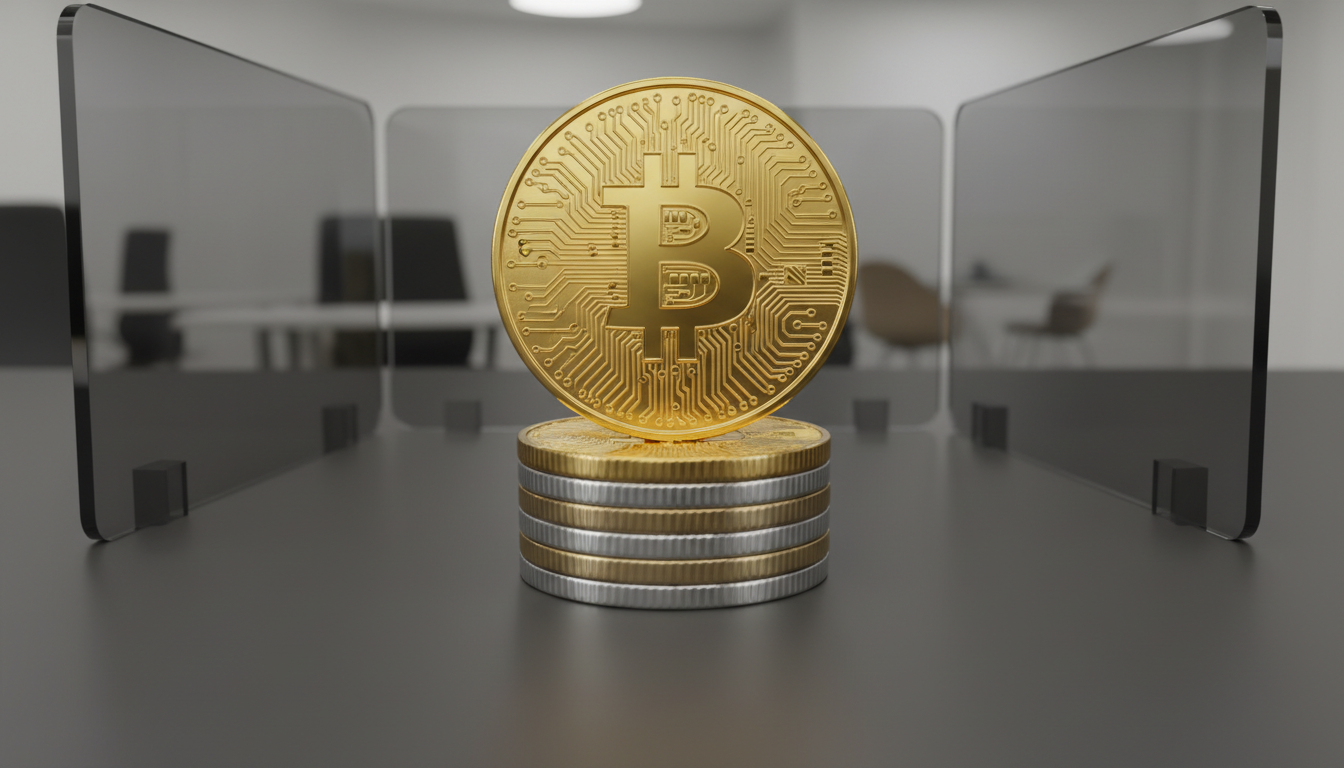 A gleaming stack of physical golden and silver bitcoins, perfectly detailed with distinct circuit patterns etched into the metallic surfaces, positioned atop a smooth, matte charcoal desk. The desk is surrounded by semi-transparent acrylic partitions, suggesting a modern office space. Soft, diffused studio lighting bathes the coins and desk, accentuating the intricate reflective surfaces and creating subtle, balanced shadows. The atmosphere is calm and professional, evoking trust and reliability. Shot from a slightly elevated, centered angle with sharp focus across the composition. The style is photographic realism with clean lines, minimal clutter, and a structured, corporate aesthetic—ideal for a high-caliber cryptocurrency blog homepage.